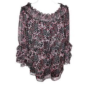 CeCe Black Pink Floral Layered Off the Shoulder Blouse Ruffled Sleeves